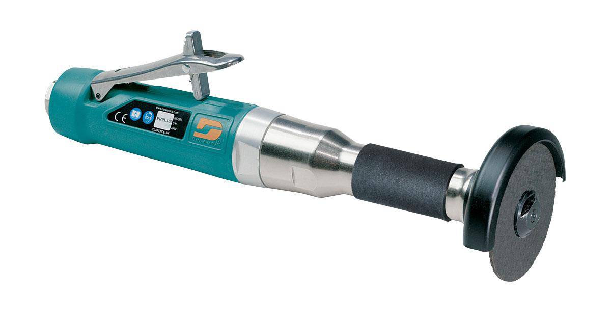 Dynabrade 52577 straight-line grinder with 3-inch cut-off wheel, 1 HP, 18000 RPM, rear exhaust, 3/8-inch-24 spindle thread.