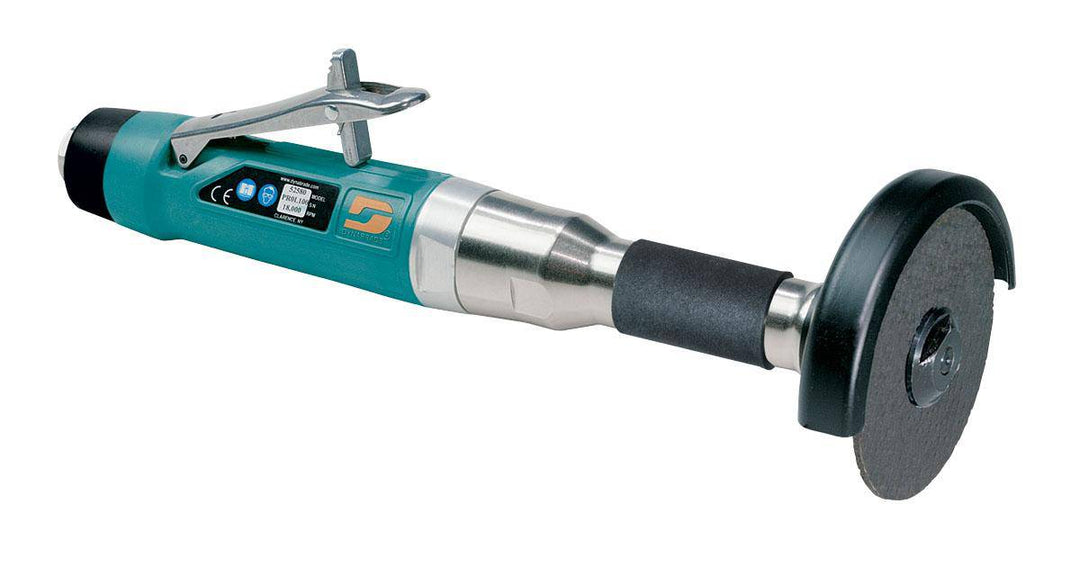 Dynabrade 52579 4-inch straight-line cut-off wheel tool with 6-inch extension, 1 HP, 15000 RPM, rear exhaust, 3/8-inch-24 spindle thread.