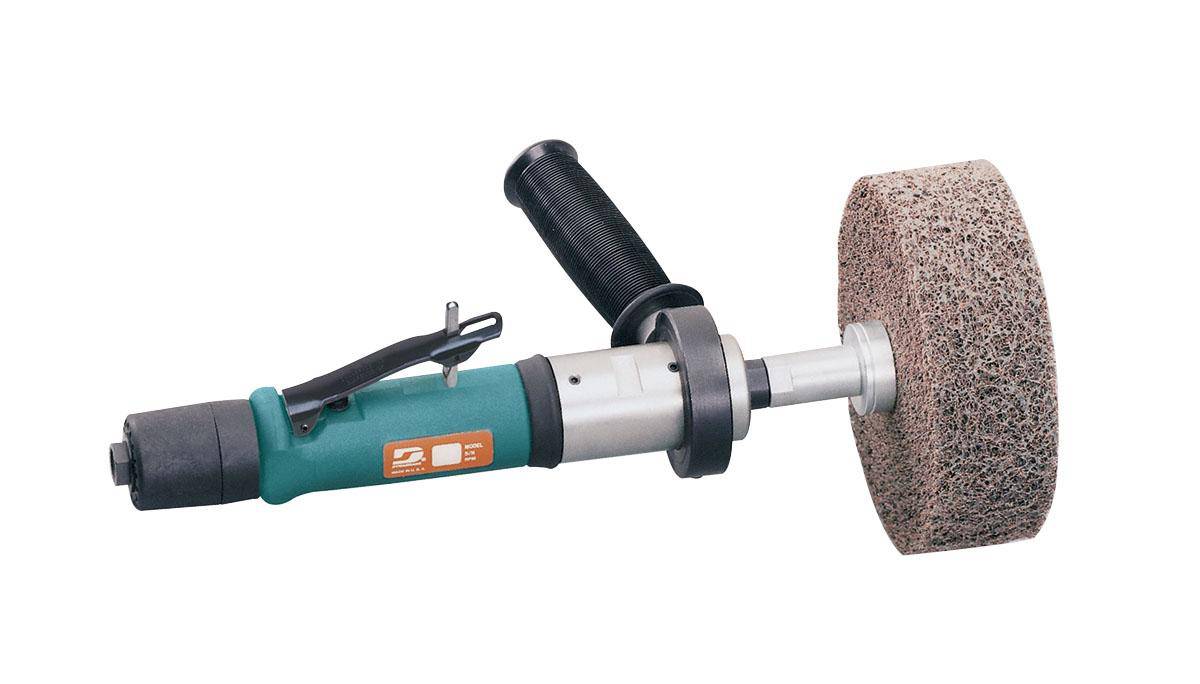 Dynabrade Dynastraight 13200 finishing tool, 0.7 HP straight grinder with rear exhaust and 5/8 or 1-inch arbor diameter.