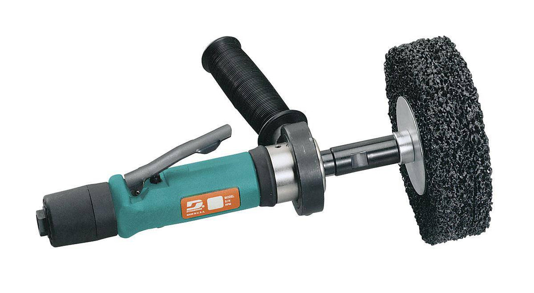 Dynabrade Dynastraight 13201 finishing tool, 0.7 HP straight-line grinder with rear exhaust and 1/2 inch arbor diameter.