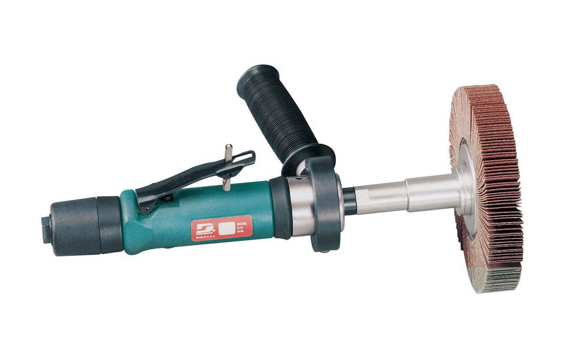 Dynabrade Dynastraight 13205 finishing tool, 7 HP straight grinder with rear exhaust and 5/8 or 1-inch arbor diameter.