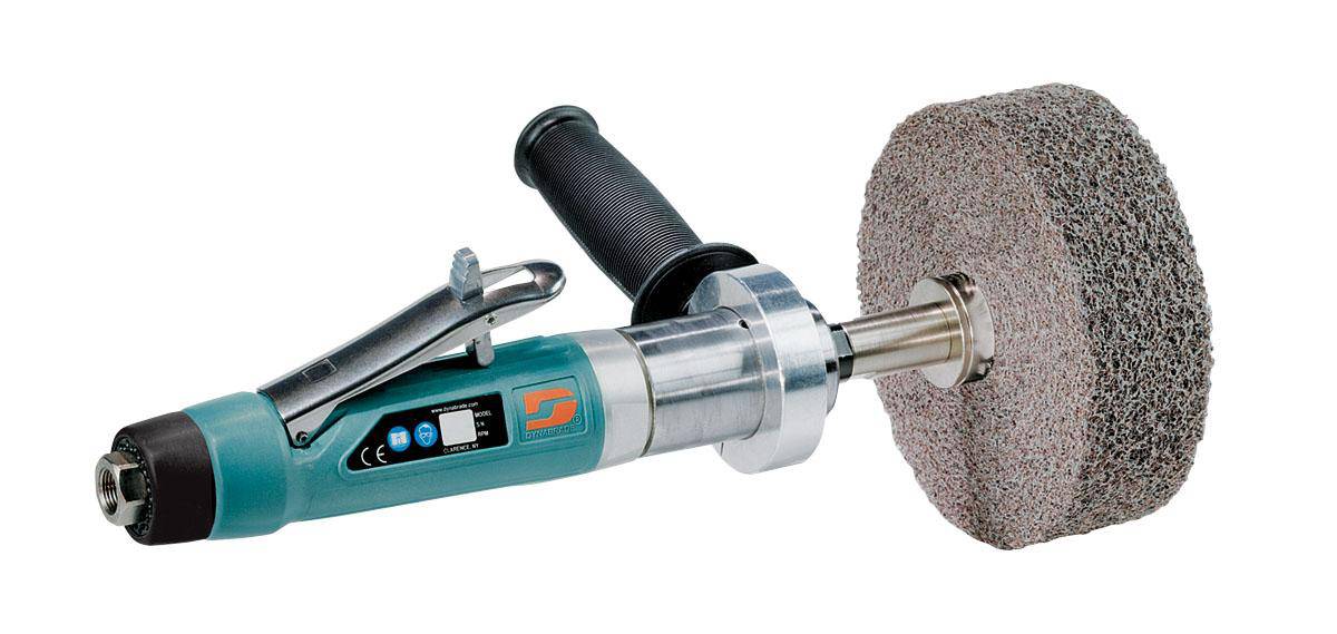 Dynabrade Dynastraight 13500 finishing tool, 1 HP straight grinder with rear exhaust, 5/8 or 1-inch arbor, 950 RPM, in black and silver.