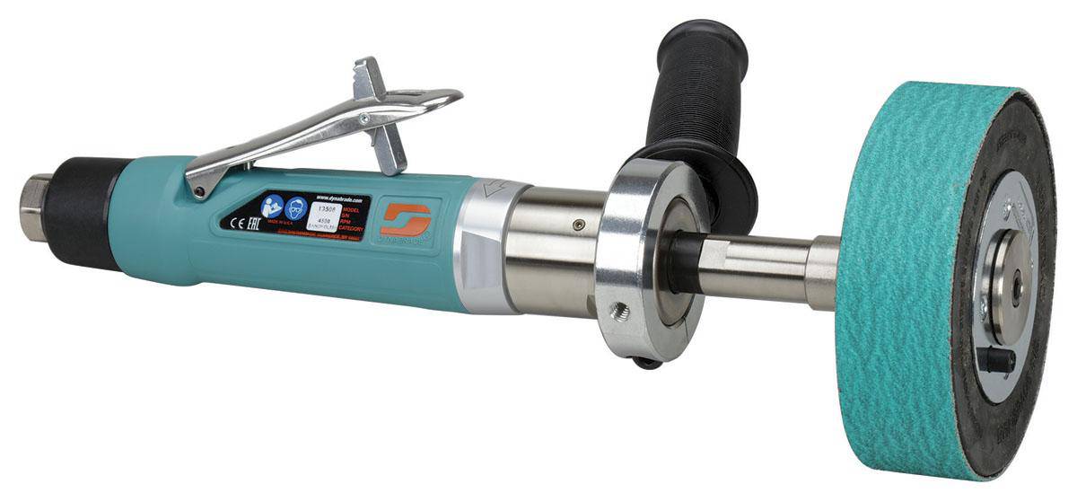 Dynabrade Dynastraight 13508 finishing tool, 1 HP straight-line grinder with rear exhaust, 5/8 or 1-inch arbor diameter.