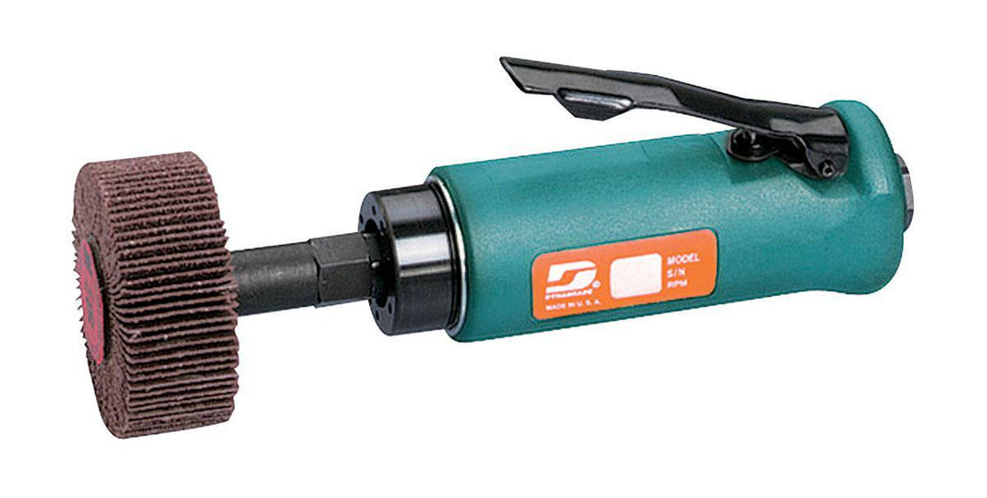 Dynabrade Dynastraight 51130 flapper finishing tool, straight grinder with 0.5 HP, 18000 RPM, front exhaust, 1/4 inch-20 female thread.
