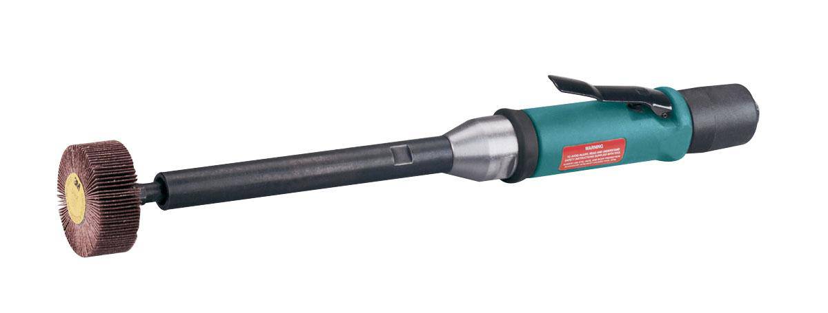 Dynabrade Dynastraight 51134 straight grinder with 8-inch flapper, 0.5 HP, 18000 RPM, rear exhaust, 1/4 inch-20 female thread.