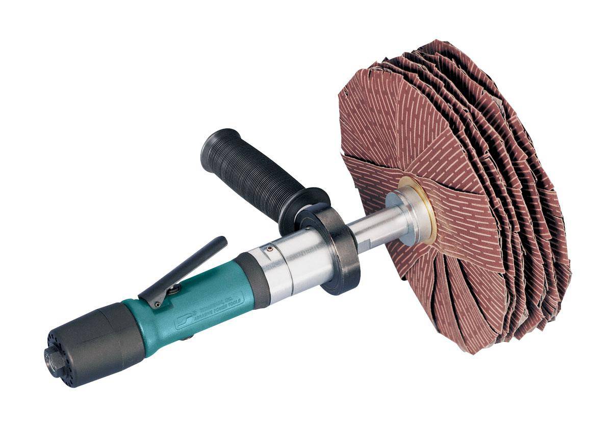 Dynabrade Dyninger 52060 finishing tool, straight-line grinder with 0.4 HP, rear exhaust, 5/8 or 1-inch arbor, high RPM for precision grinding.