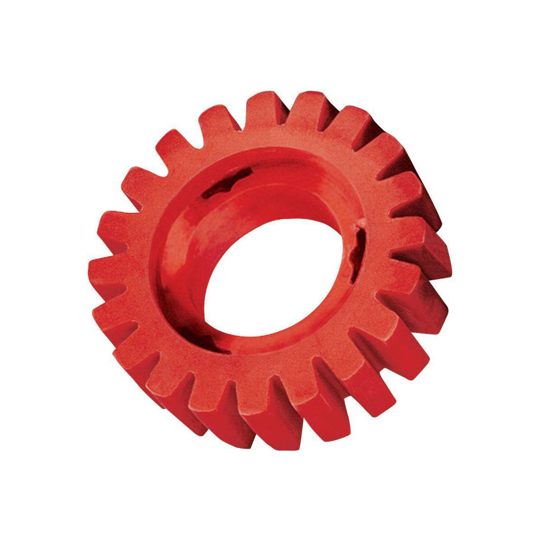 Dynabrade 92255 red-tred eraser wheel with 4-inch diameter and 1-1/4 inch width, designed for surface cleaning and finishing.