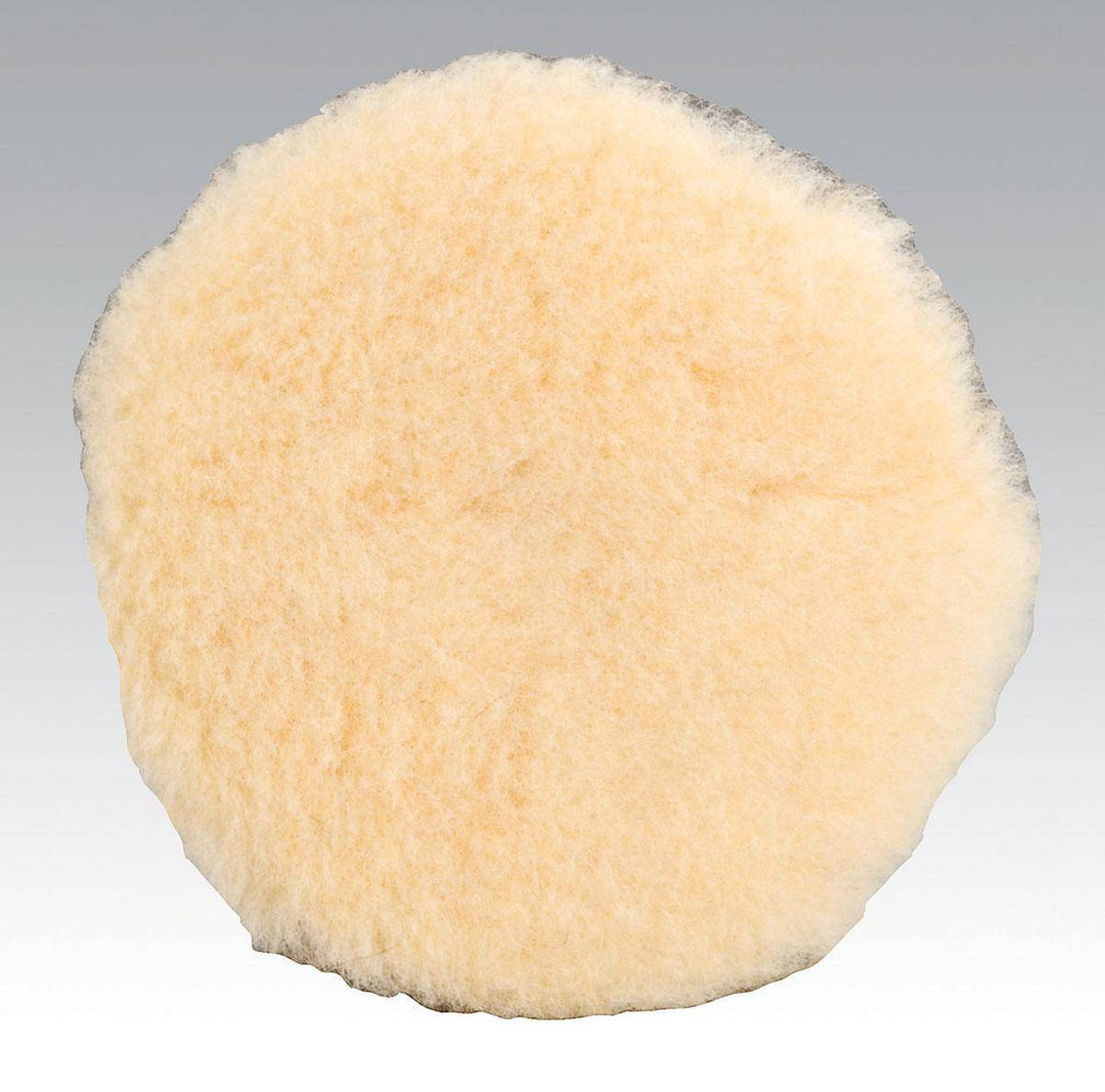 Dynabrade 90036 5-inch wool polishing pad with natural sheepskin wool for smooth polishing and finishing.