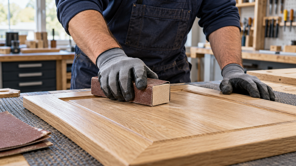 Illustrative application scene of hand sanding a wood panel with coated abrasive paper