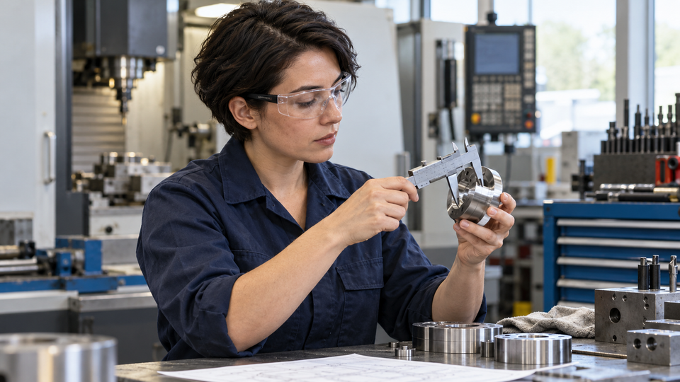 Illustrative workplace scene of a machinist wearing protective safety glasses