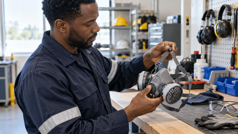 Illustrative workplace scene of a coordinator inspecting a reusable respirator