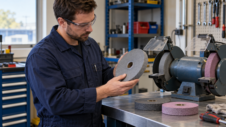 Illustrative workplace scene of selecting a grinding wheel beside an inactive bench grinder