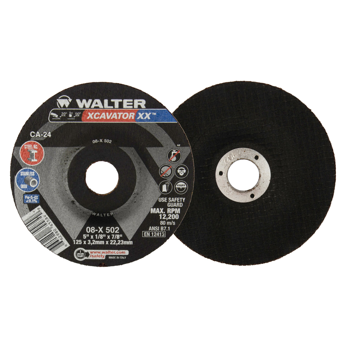 WALTER 08X502 Type 27 5-inch x 1/8-inch x 7/8-inch Xcavator XX grinding wheel, shown with detailed abrasive surface.