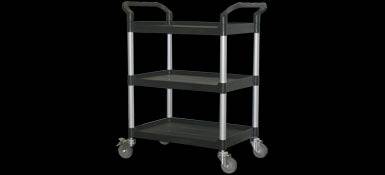 Gray 97403B Utility Cart with 3 shelves made of composite material, designed for sturdy storage and easy mobility.