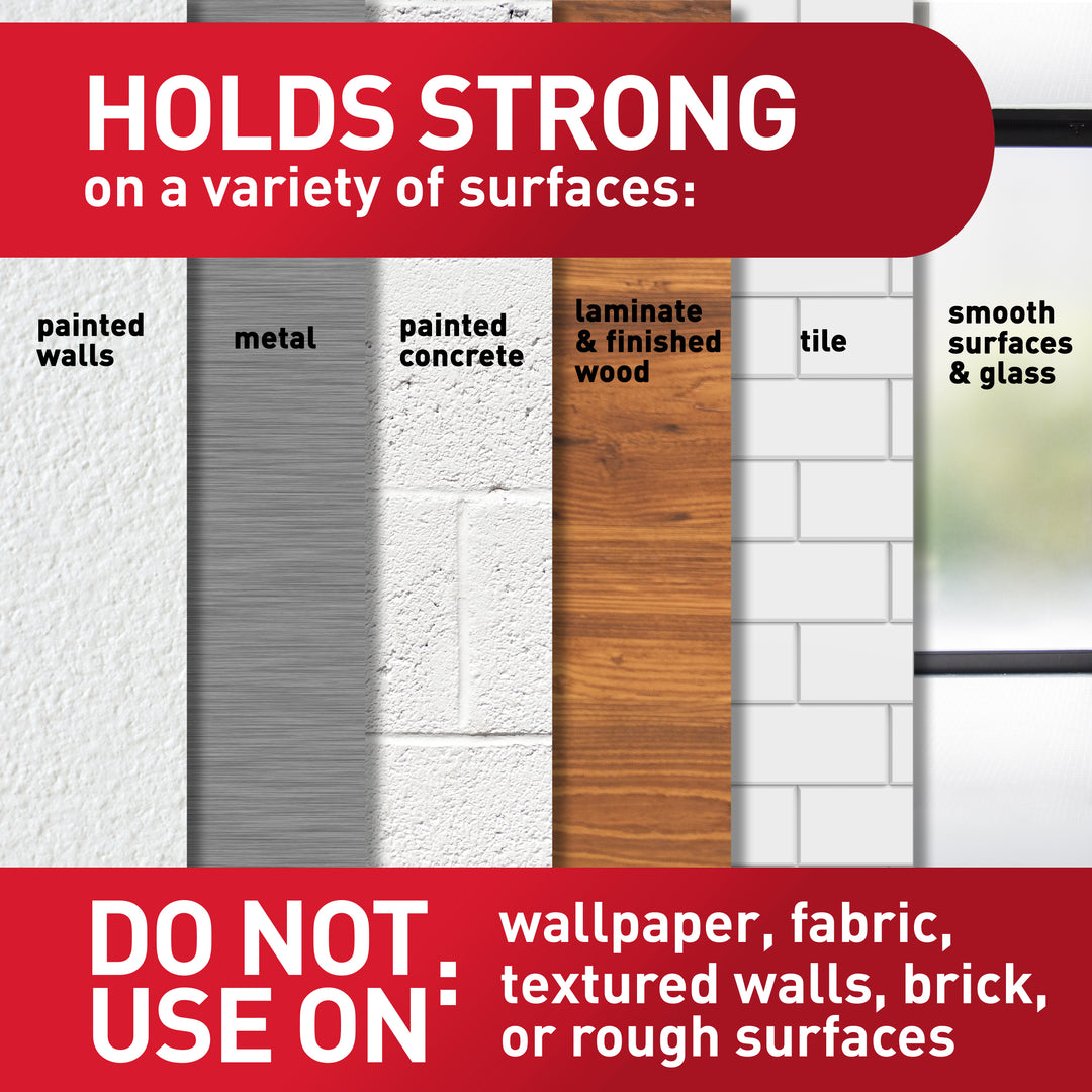 3M Command Poster Strips Small White holding posters on painted walls, metal, concrete, and laminate surfaces.
