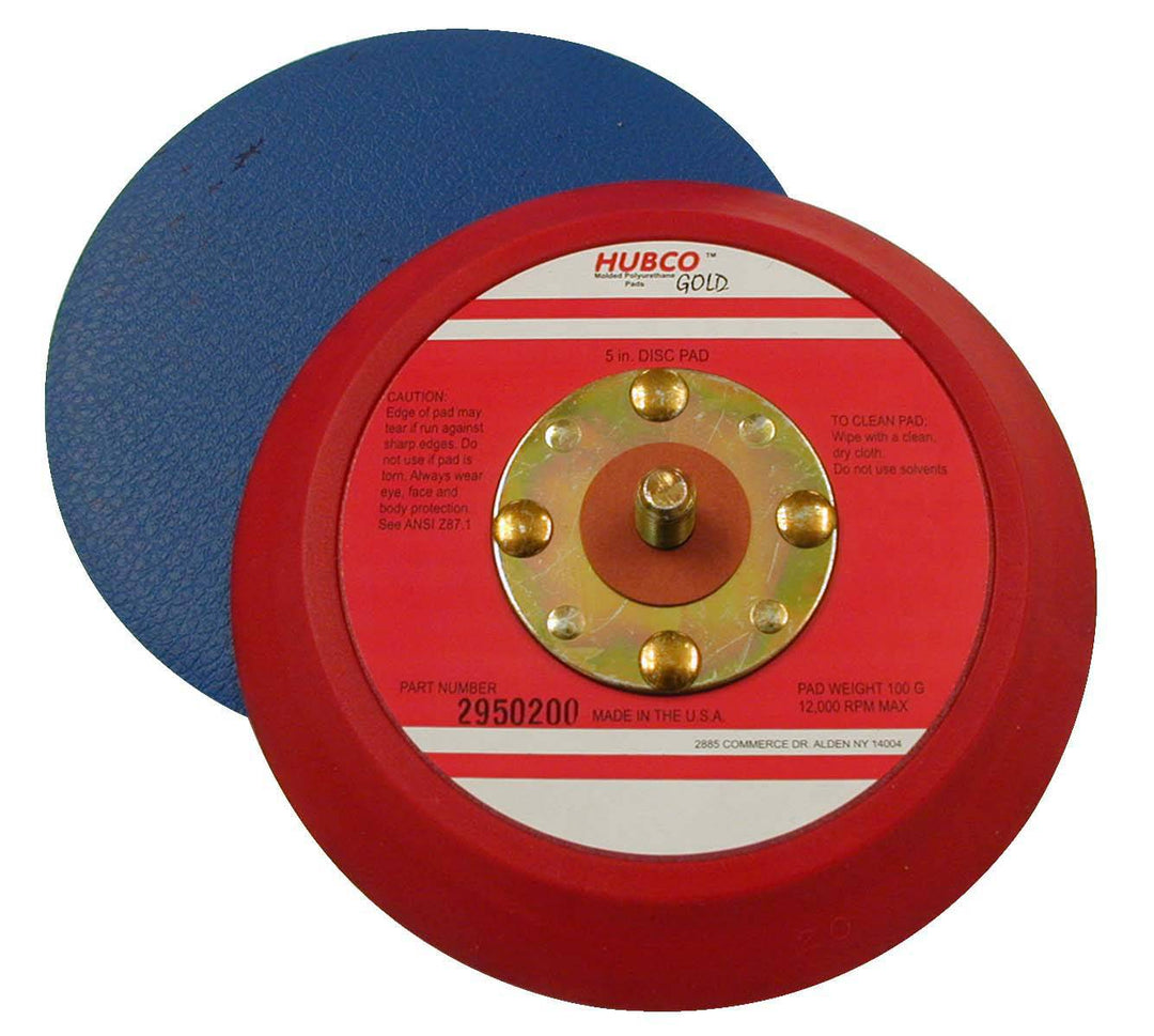 Red Hubco 2950200 5-inch no-hole tapered edge backup pad for sanding and polishing.