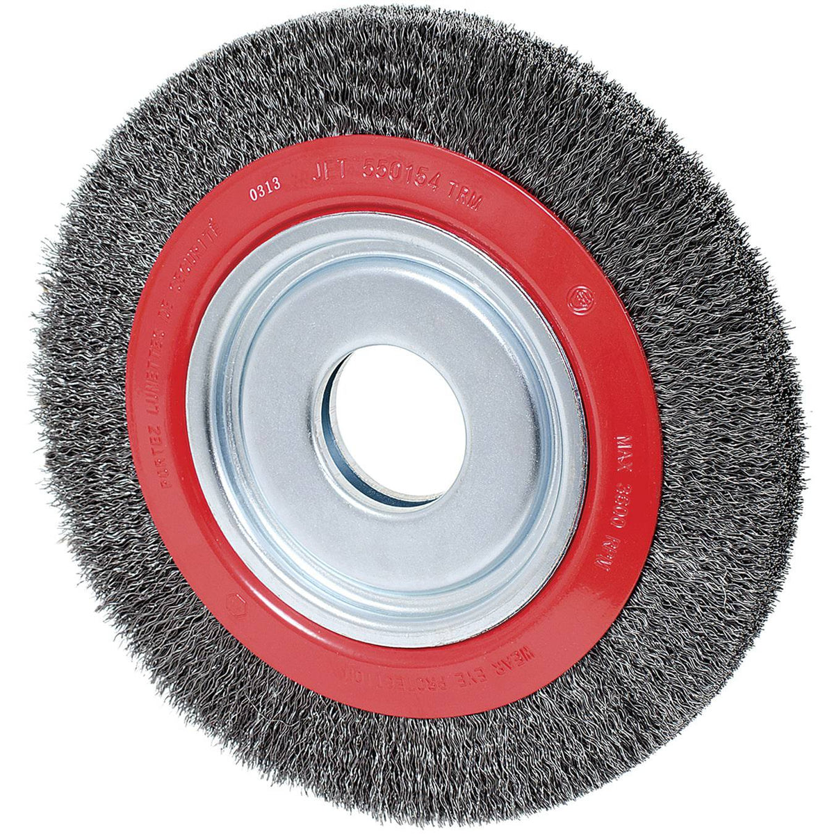 Jet 101H-3M high performance crimped wire wheel brush, 10-inch diameter, 1-1/2-inch width, in medium grade for surface cleaning.