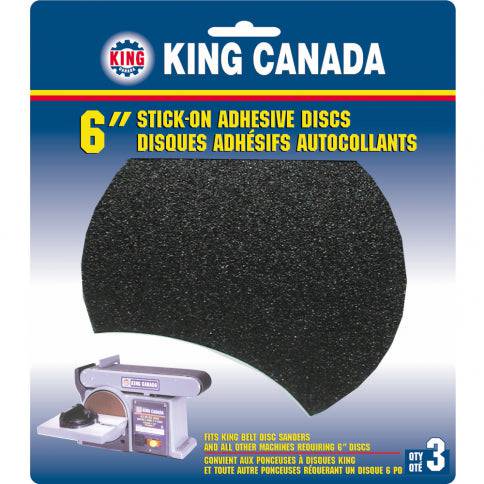 King Canada SD-6-K-100 6-inch self-adhesive PSA sanding discs in 100 grit, shown with attached backing for easy application.
