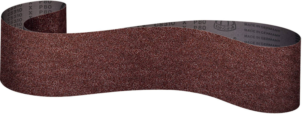 Klingspor 4x36 inch sanding belt with 80 grit aluminum oxide, heavy cotton backing, for bench top sanding applications.