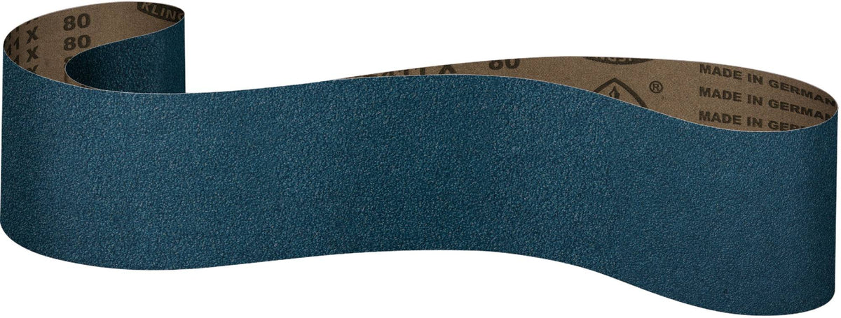 Klingspor 6"x48" sanding belt with 120 grit, zirconia alumina abrasive, heavy cotton backing, designed for bench top grinding.
