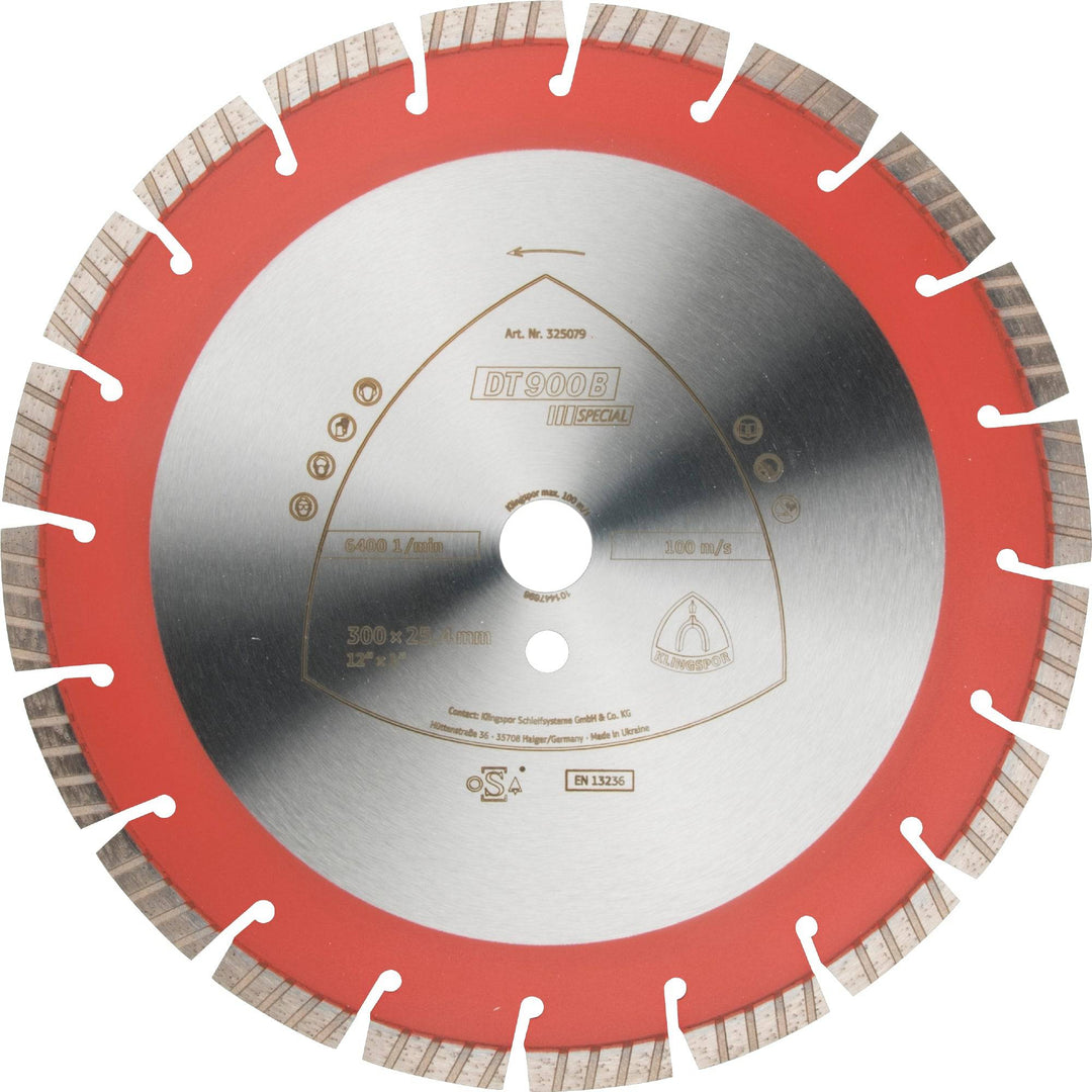 Klingspor large diamond cutting blade DN900, 12-inch x 1-inch, with 20 segments for cutting hard materials