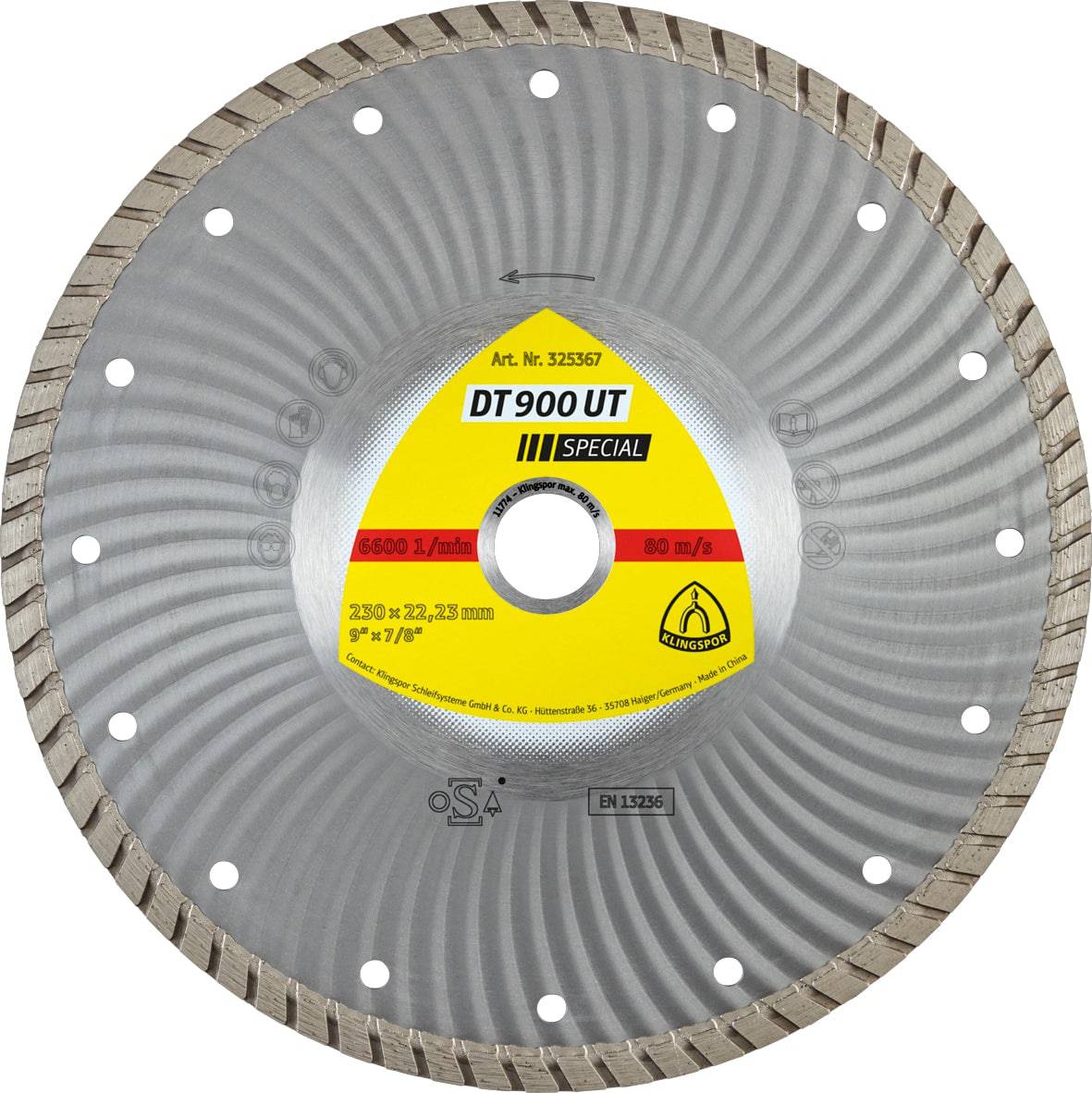 Klingspor 325364 Turbo Diamond cutting blade for angle grinders, DN900, 4-1/2 inch, closed rim for precise cutting.