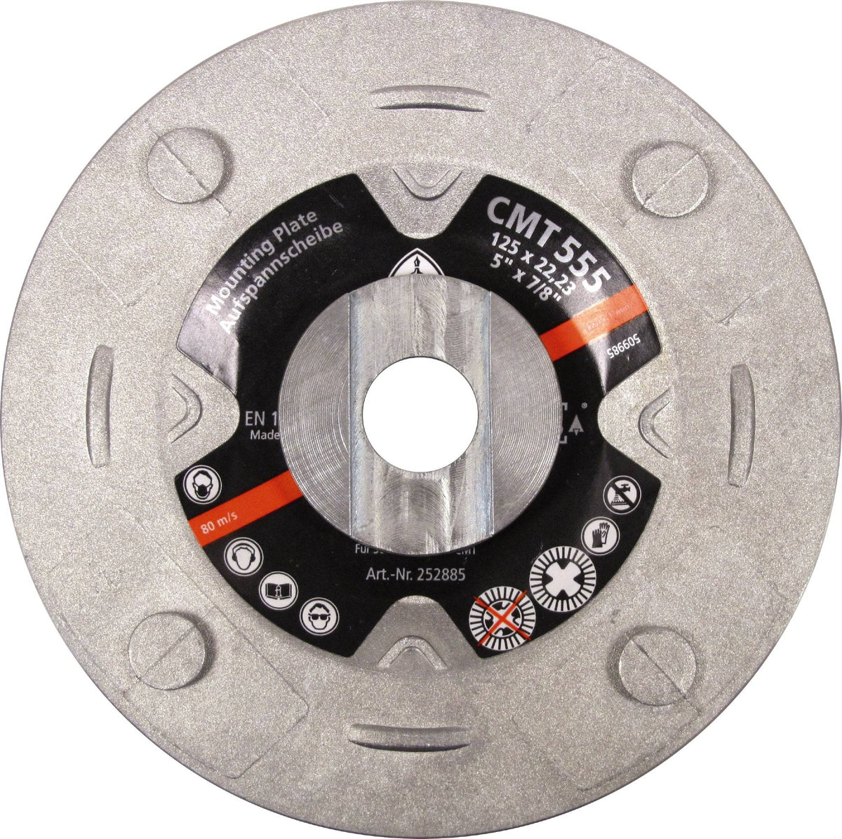 Klingspor CMT mounting plate for 5-inch flap discs, durable metal disc mounting accessory for power tools.