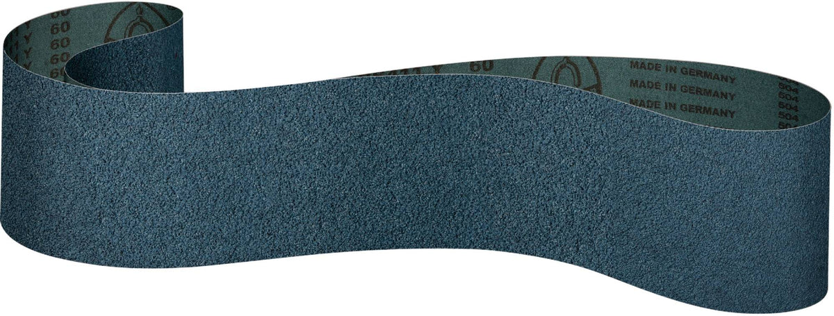Klingspor 4-inch x 132-inch sanding belt with 36 grit CS411Y zirconia alumina abrasive and polyester backing for metal sanding.