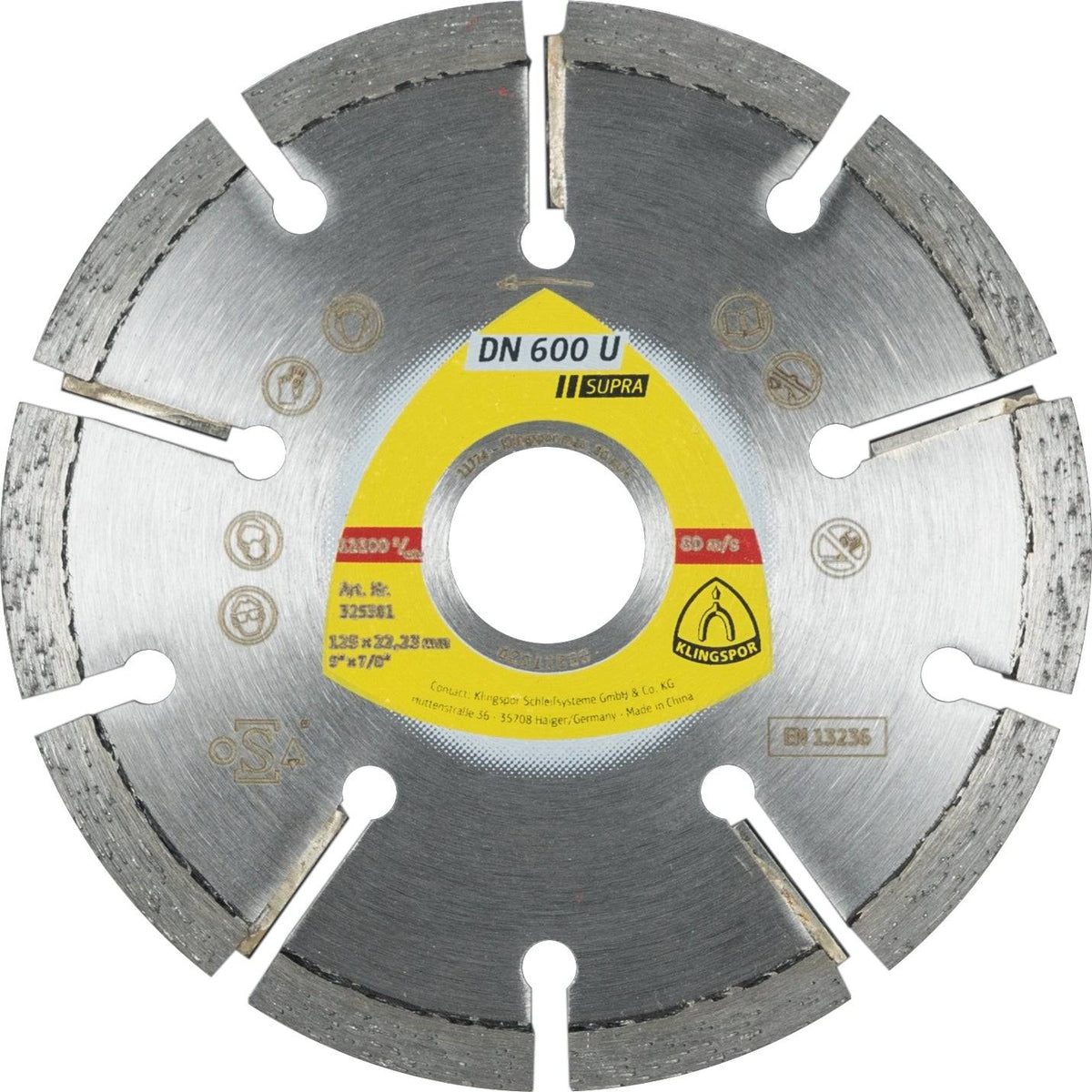 Klingspor segmented diamond cutting blade for angle grinders, DN600, 4-1/2 inch x 7/8 inch, with 9 segments, suitable for heavy-duty cutting.