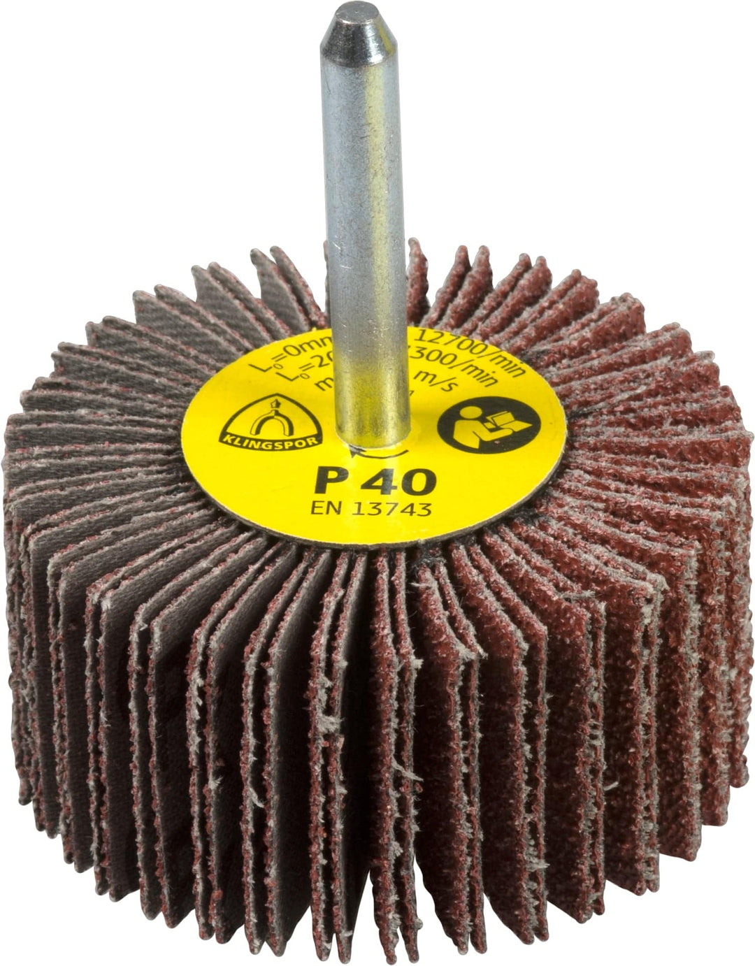 Klingspor 278967 shank-mounted flap wheel, 1-1/2 inch by 1 inch, 80 grit, aluminum oxide abrasive, used for grinding and finishing.