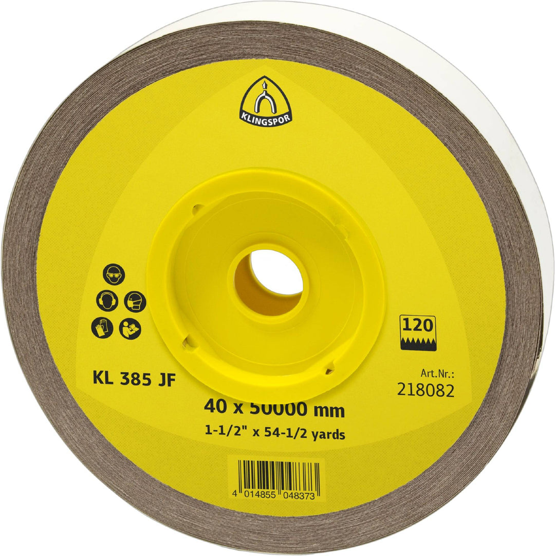 Klingspor 218099 cloth shop sanding roll 2-inch x 50m with 120 grit aluminum oxide for grinding and finishing surfaces.