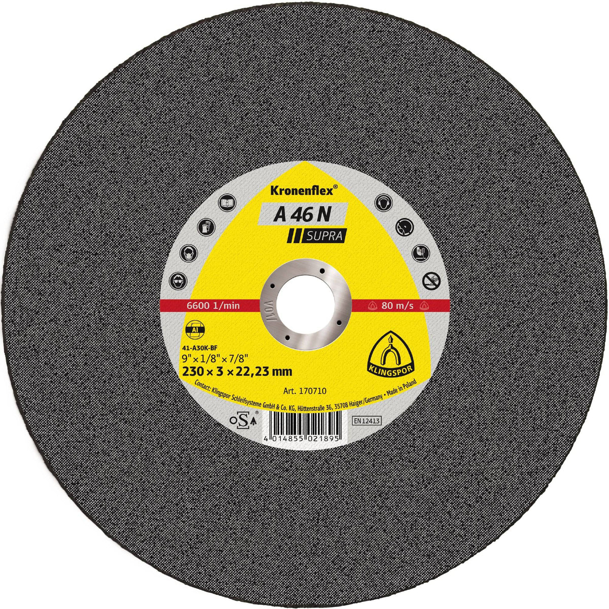 Klingspor Kronenflex Type 27 depressed centre cut-off wheel, 4.5 inch diameter, 3/32 inch thick, for metal grinding and cutting.
