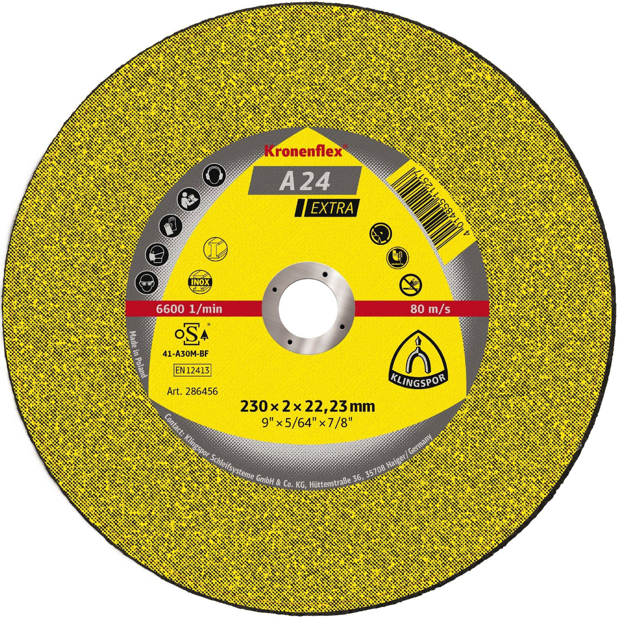 Klingspor Kronenflex Type 27 depressed centre cut-off wheel, 4.5-inch diameter, for grinding and cutting metal surfaces.