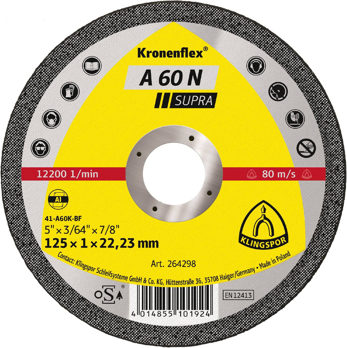 Klingspor Kronenflex Type 27 cut-off wheel, 5 inch diameter, 3/64 inch thickness, 7/8 inch arbor for grinding and cutting tasks.