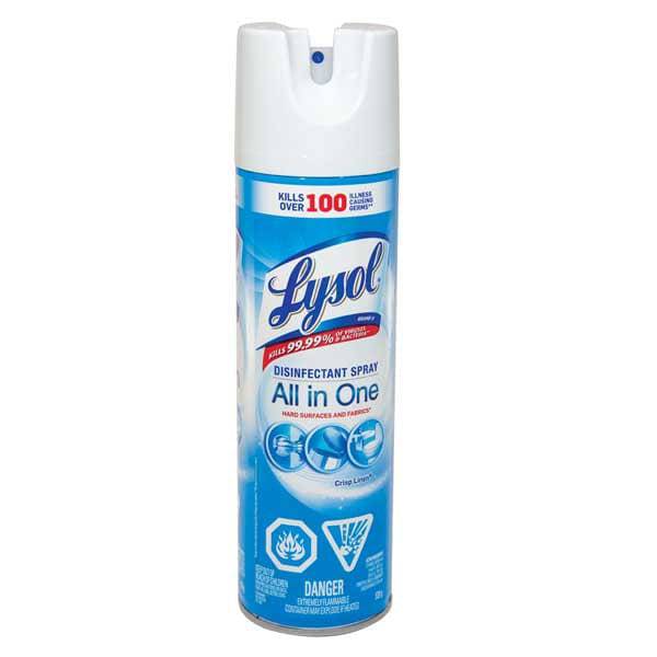 Lysol aerosol disinfectant spray in Crisp Linen scent, 539g can, for hard surfaces and fabrics, kills 99.99% of viruses and bacteria.