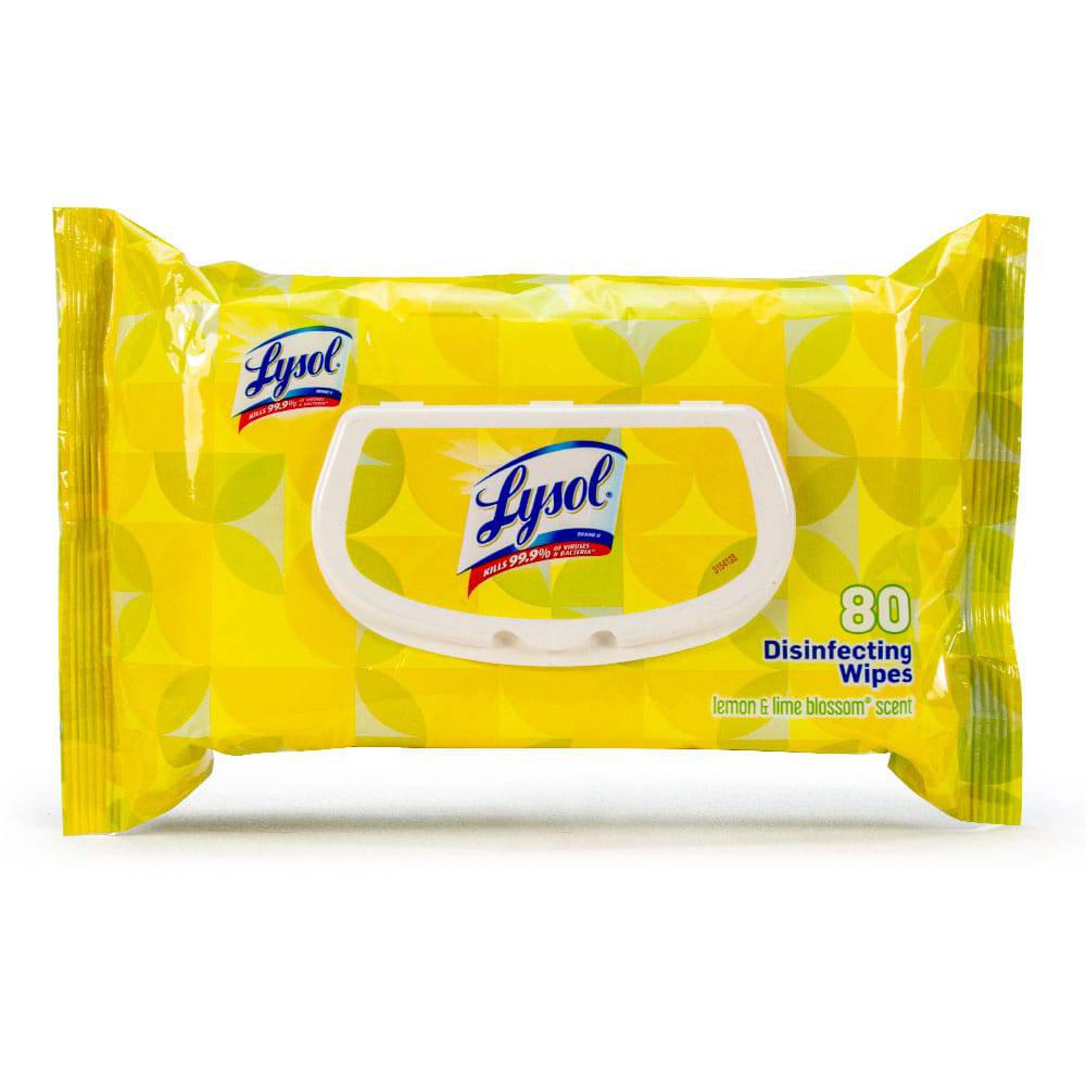 Lysol disinfecting wipes in lemon lime blossom scent, soft flat pack of 80 wipes for surface cleaning and sanitizing.