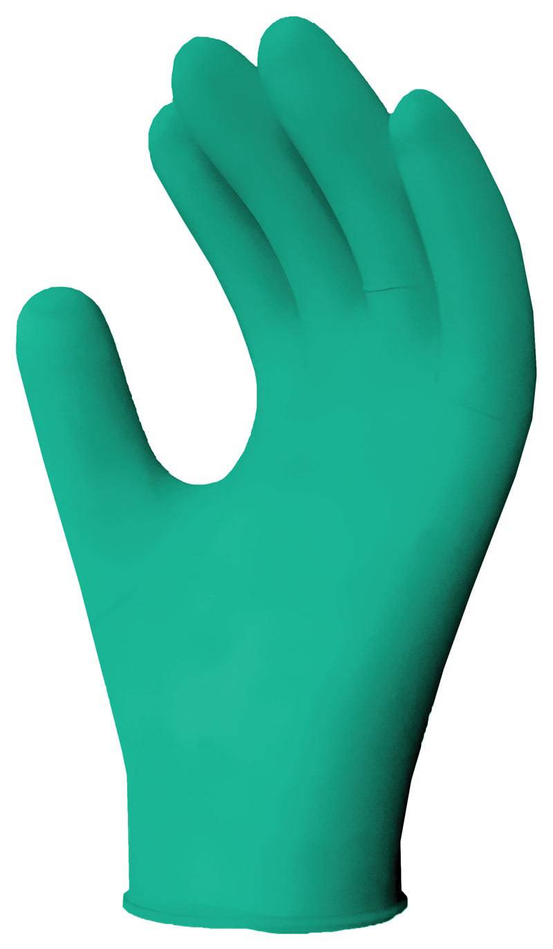 Green Ronco 975 disposable nitrile examination gloves in medium size, shown rolled out for medical or laboratory use.