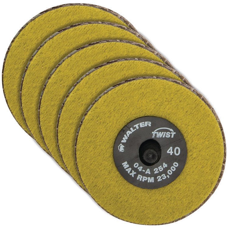 WALTER 04A256V 2-1/2 inch flap disc with GR60 grit, shown in package of five, used for grinding and finishing metal surfaces.