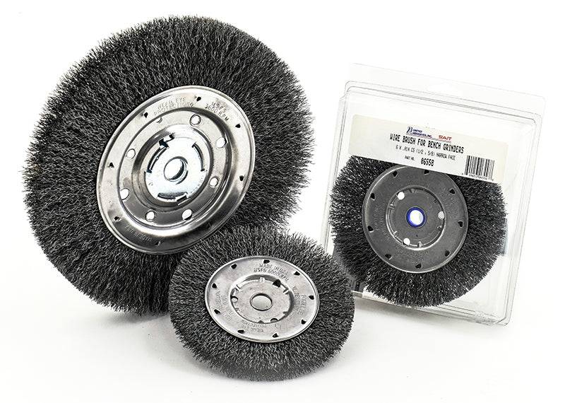 Sait 09558 narrow bench wire wheel brush for bench grinder, 6 inch diameter, .014 inch wire, 5/8 inch arbor, 1/2 inch width.