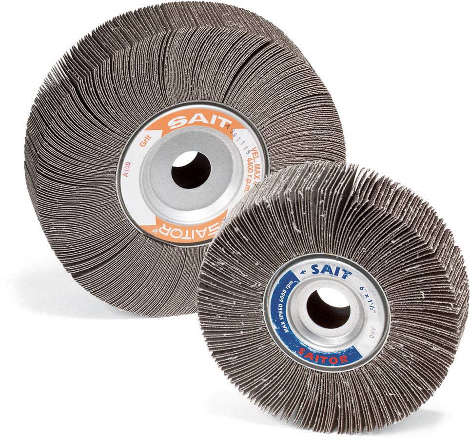 Sait 72021 6-inch by 1.5-inch by 1-inch 80 grit centre hole mounted flap wheel for grinding and sanding applications.
