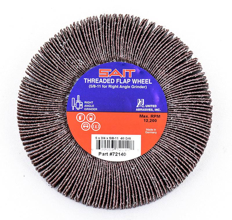 Sait 72145 centre hole mounted flap wheel, 5-inch by 3/4-inch by 5/8-inch, 120 grit for grinding and finishing applications.