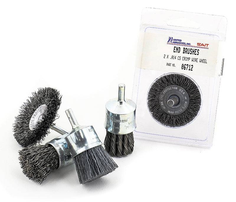 Sait 02712 crimped wire wheel brush with 2-inch diameter and .014-inch wire for cleaning and surface preparation.
