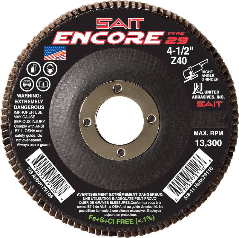 Sait Encore 71209 4.5-inch Type 27 zirconia alumina flap disc with depressed center and 80 grit for grinding and finishing.