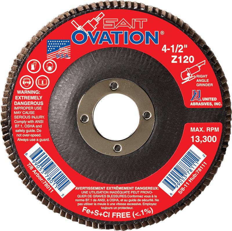 Sait Ovation 78148 7-inch by 5/8-inch Type 27 depressed center zirconia alumina flap disc, 60 grit for grinding and finishing.