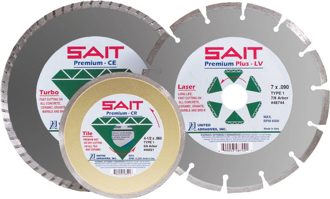 Sait 48514 Diamond Cutting Blade 7x.090x5/8 Turbo CC Prem+ for precise cutting of hard materials, shown in close-up.