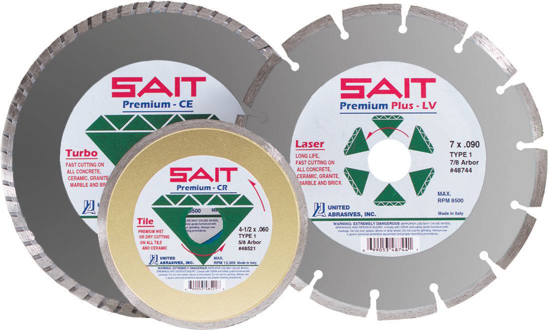 Sait 48514 Diamond Cutting Blade 7x.090x5/8 Turbo CC Prem+ for precise cutting of hard materials, shown in close-up.