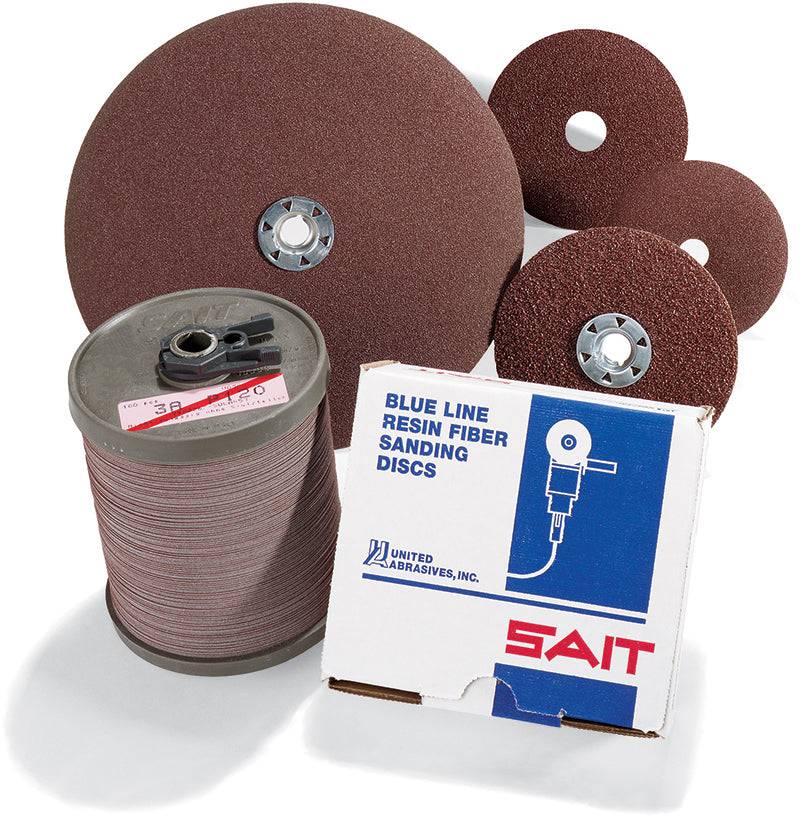 Sait Fibre Disc 2A Aluminum Oxide 120 Grit, 4-1/2 inch diameter, 7/8 inch arbor, bulk pack for grinding and finishing.
