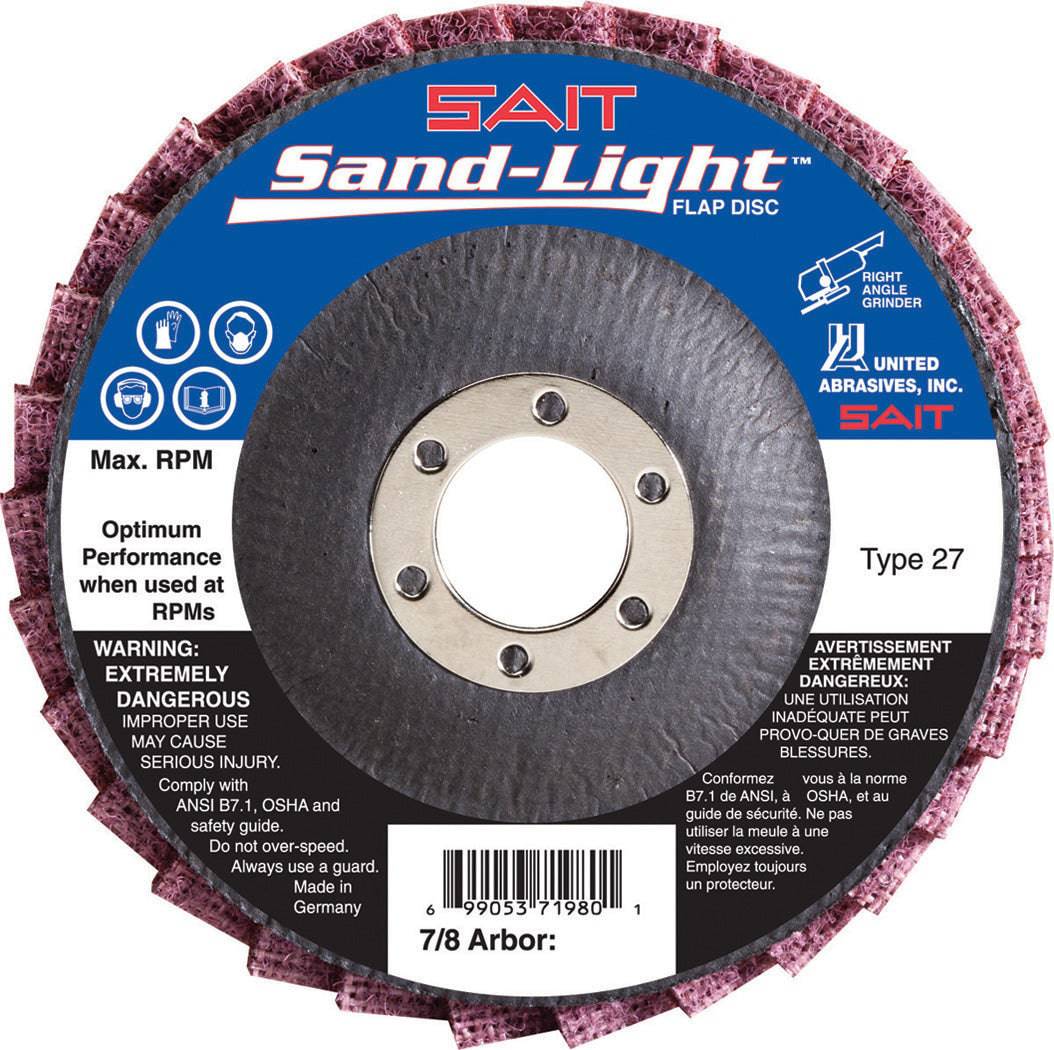 Sait Sand-Light 71982 flap disc in 4-1/2 x 7/8 size, medium grit, for grinding and finishing metal surfaces.