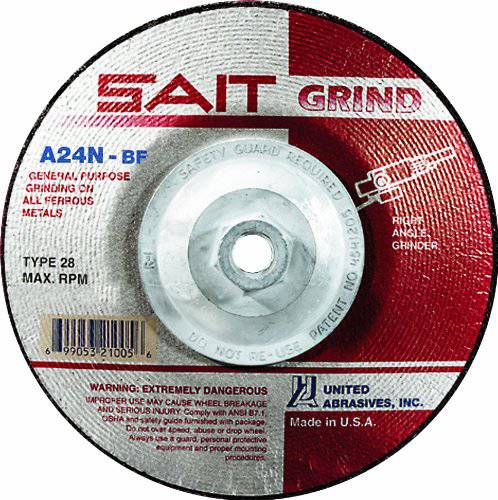 Sait Type 28 grinding wheel 4.5 inch diameter, 1/4 inch thick, 5/8-11 arbor for precision grinding applications.