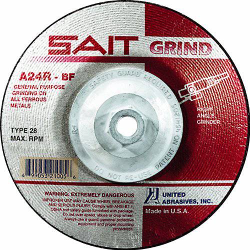 Sait Type 28 grinding wheel, 4-1/2 inch diameter, 1/4 inch thick, 5/8-11 arbor, A24 grade, for industrial grinding applications.